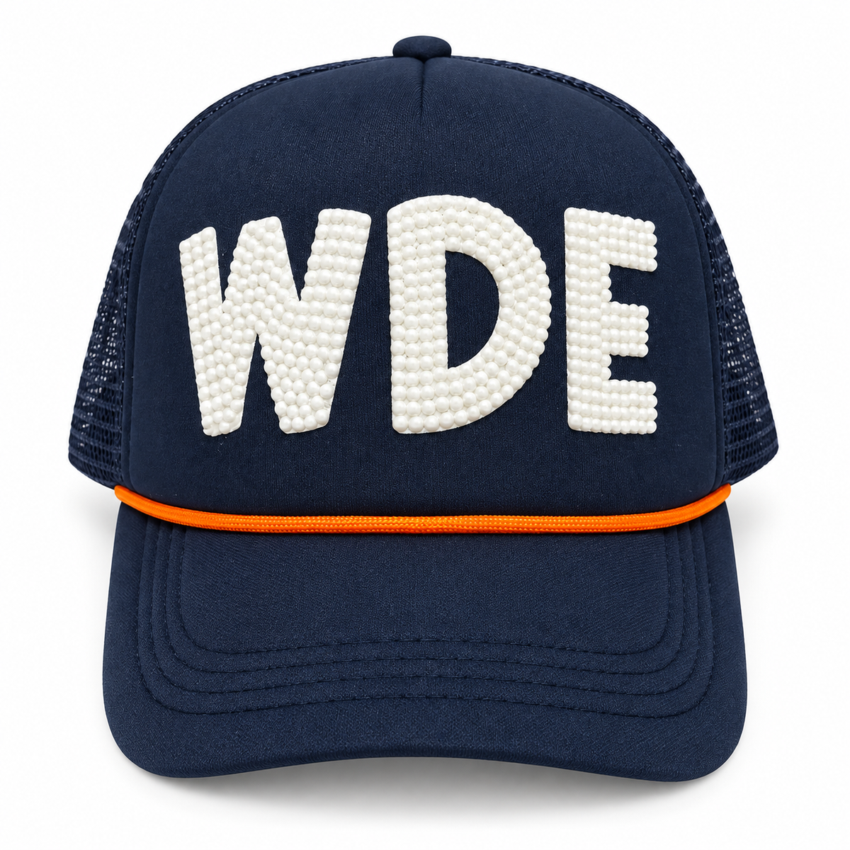 Front view of navy trucker hat with raised white WDE lettering and bright orange rope trim.