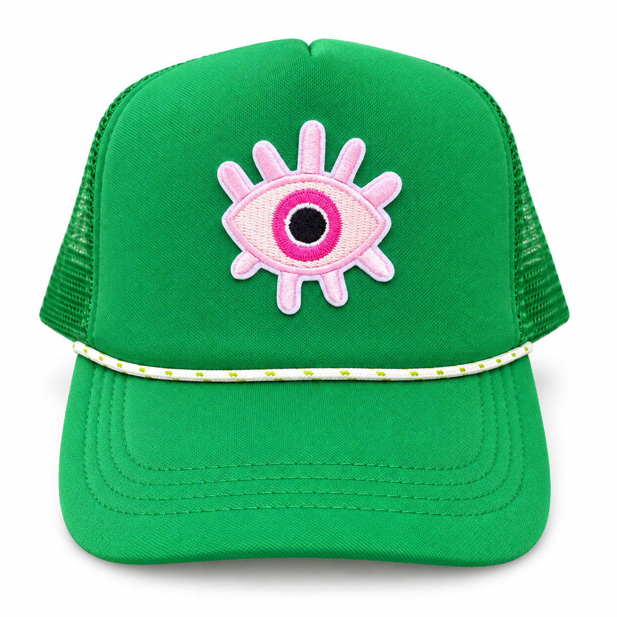 Green trucker hat with a pink evil eye patch, matching green mesh panels, and white rope trim with green accents.