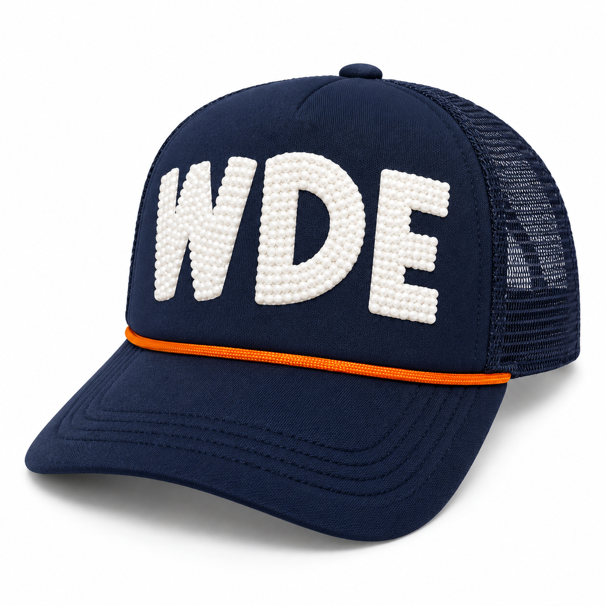 Angled view of navy WDE trucker hat showing white embellished lettering, orange rope trim, and navy mesh panels.