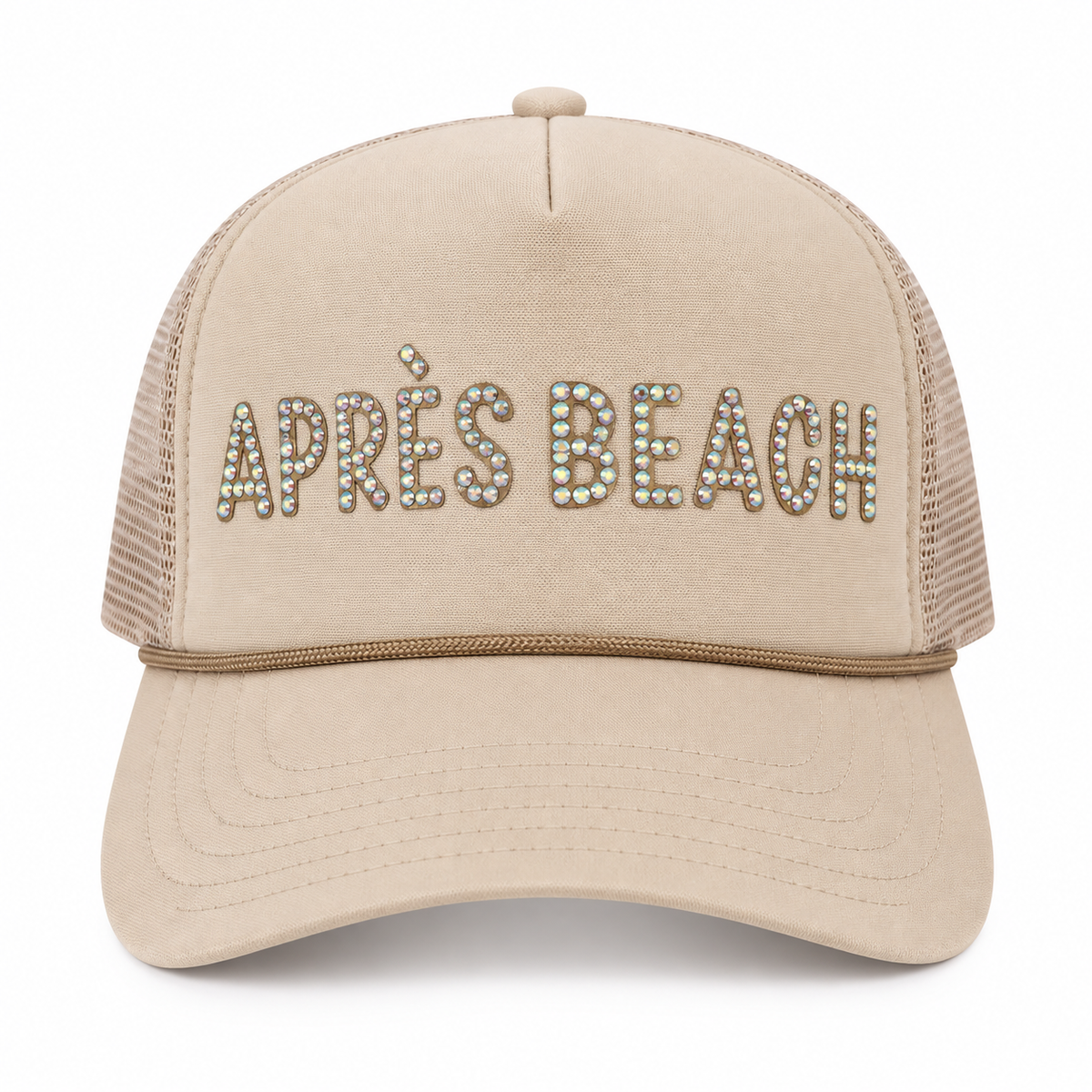 Close up of rhinestone Apres Beach lettering on khaki trucker hat