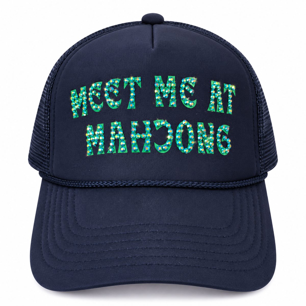 Navy trucker hat with iridescent green rhinestone Meet Me at Mahjong lettering