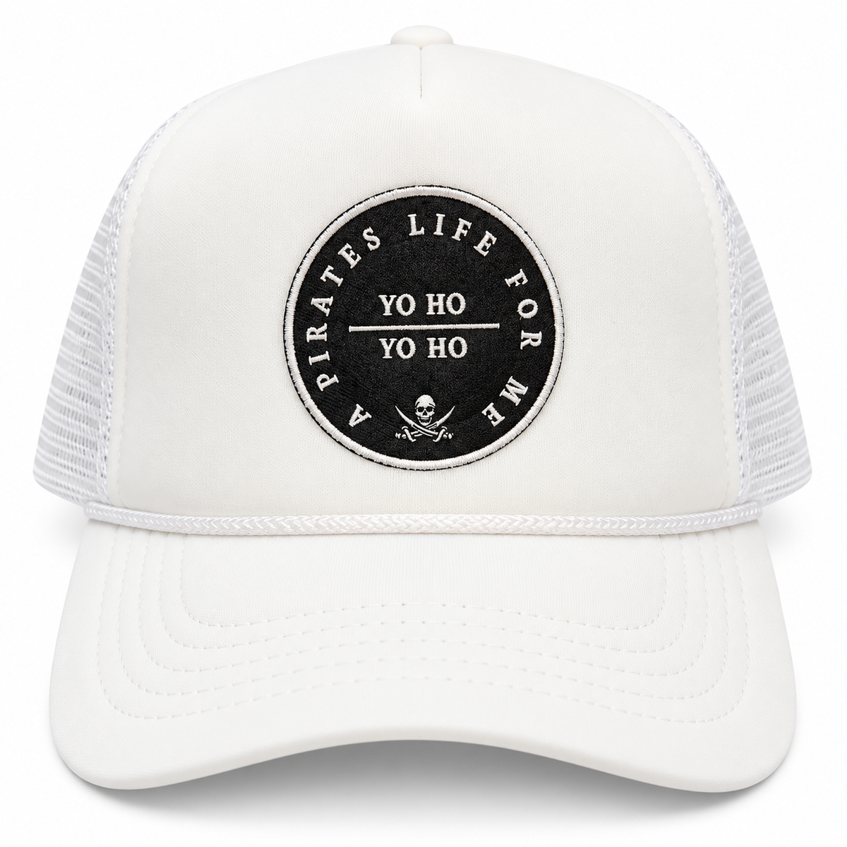 White trucker hat with embroidered pirate skull and crossbones patch, front view