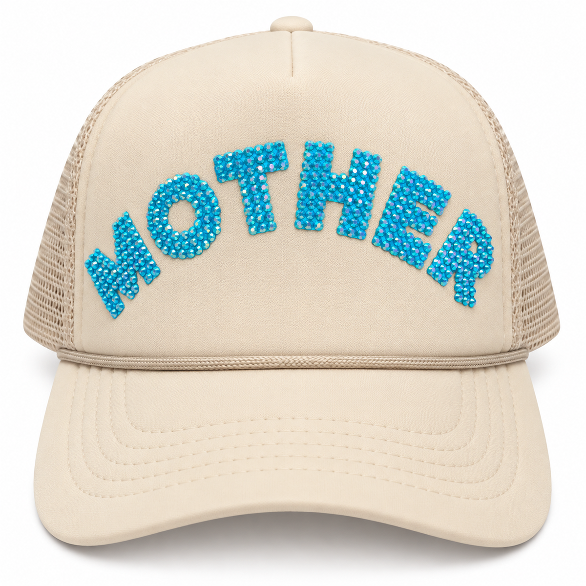 Cream trucker hat with turquoise rhinestone MOTHER lettering, front view