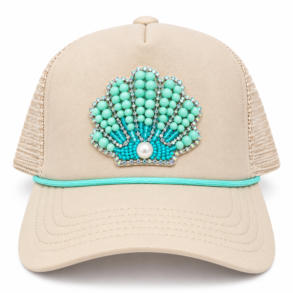Cream trucker hat with hand-beaded turquoise seashell patch and pearl center