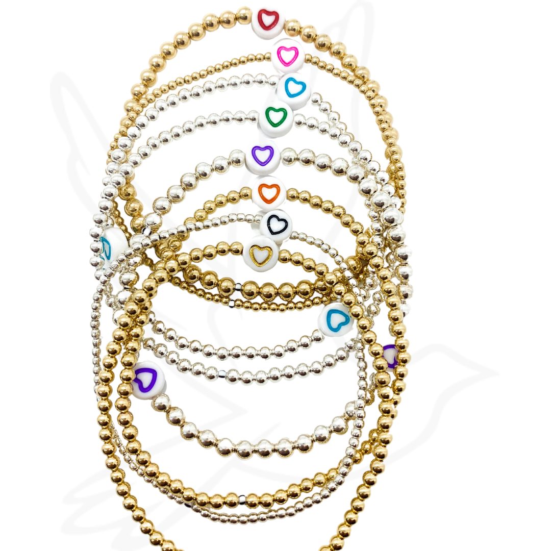 Flat Heart Bracelet | Gold-Filled Stackable Beads with Colorful Heart Accents