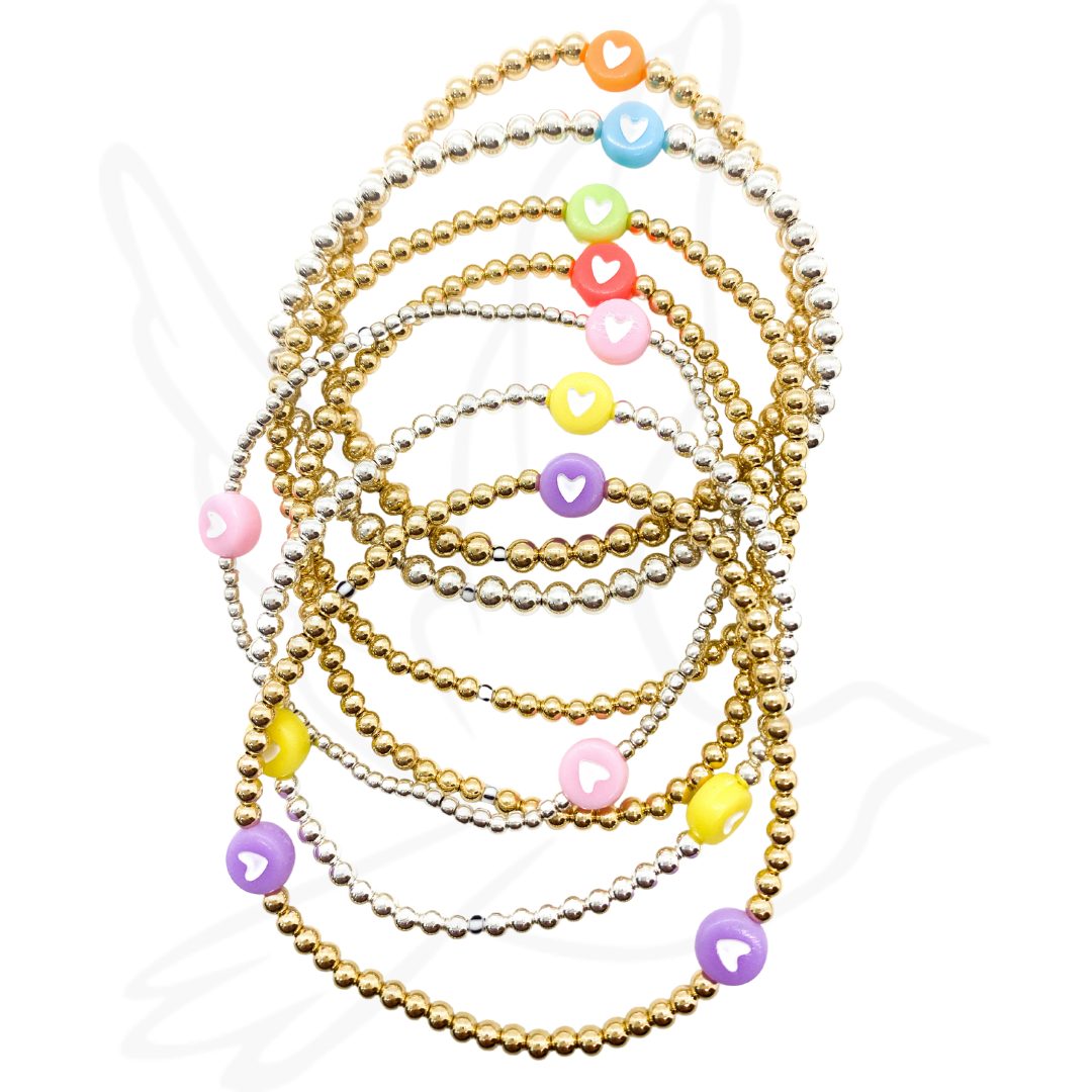 Flat Heart Bracelet | Gold-Filled Stackable Beads with Colorful Heart Accents