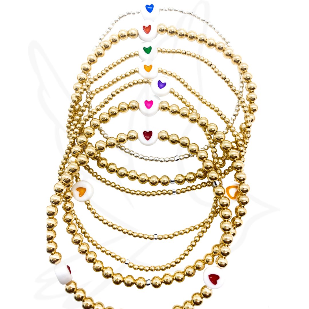 Flat Heart Bracelet | Gold-Filled Stackable Beads with Colorful Heart Accents
