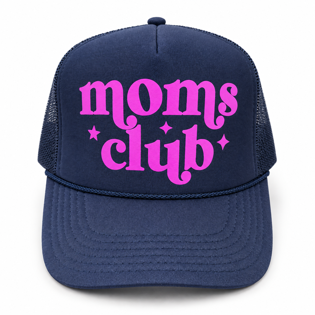 Navy trucker hat with oversized hot-pink moms club lettering, pink star accents, matching navy mesh, and navy rope trim.