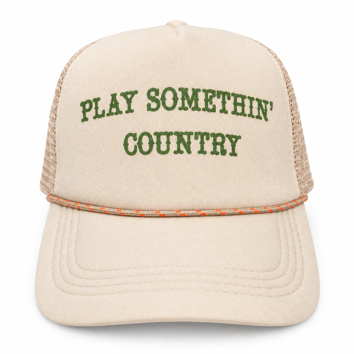 Cream trucker hat with olive-green Play Somethin’ Country lettering and neutral rope trim with orange accents.
