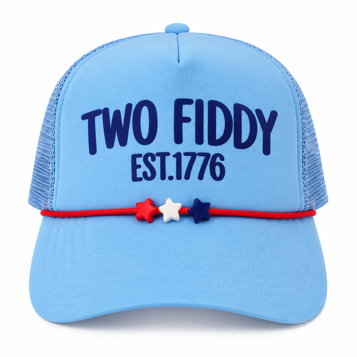 Light blue trucker hat with navy Two Fiddy Est 1776 lettering and red star bead strap