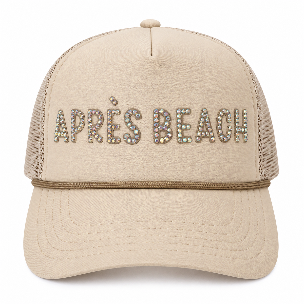Khaki trucker hat with rhinestone Apres Beach lettering, front view