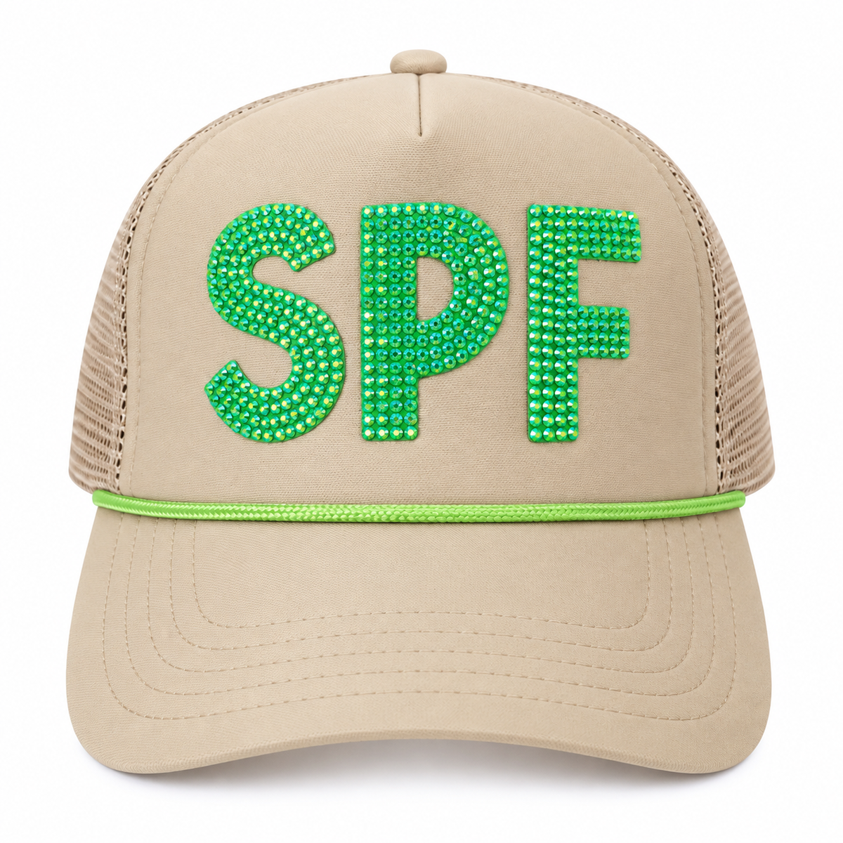 Khaki trucker hat with green rhinestone SPF lettering and green rope trim