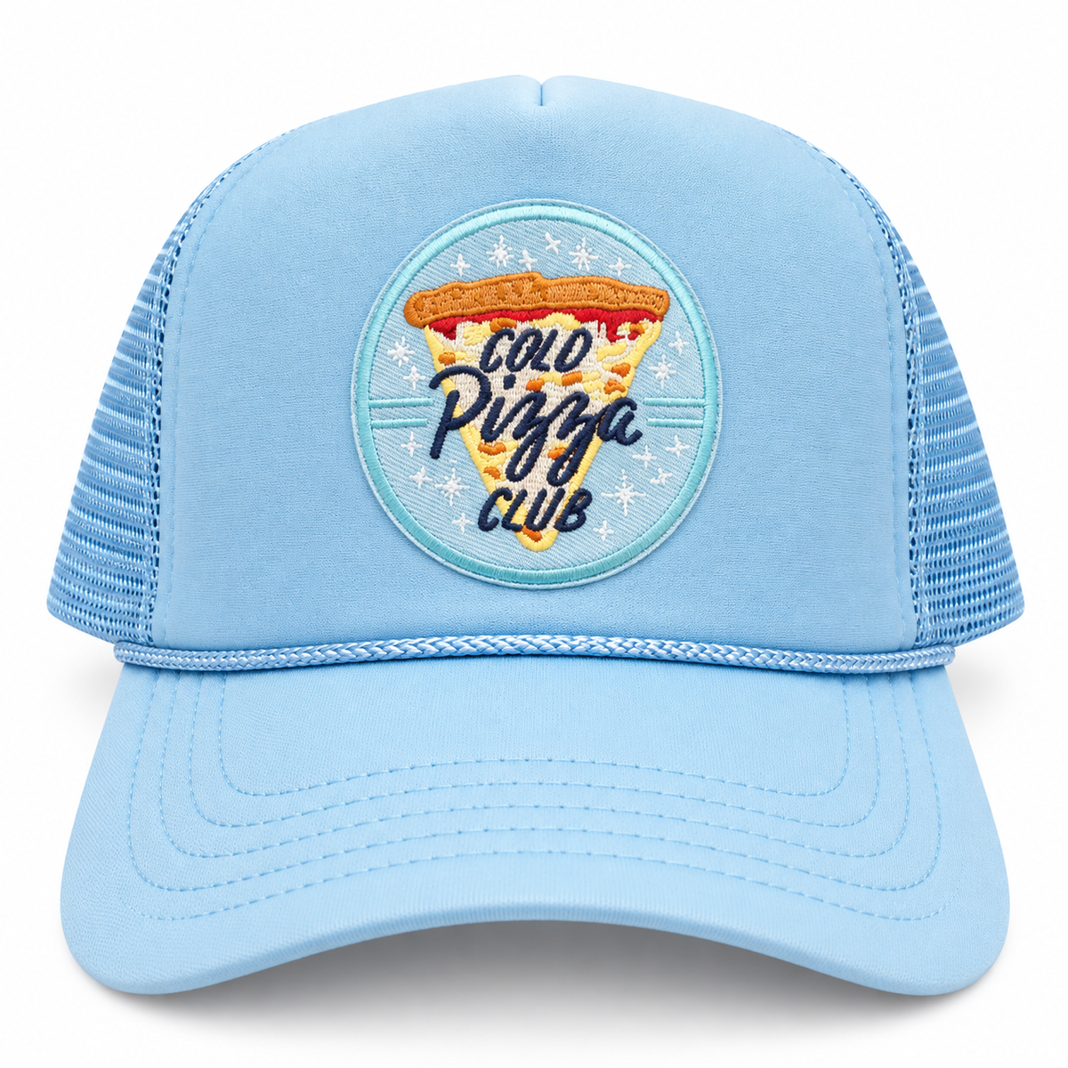 Light blue trucker hat with embroidered Colo Pizza Club pizza slice patch