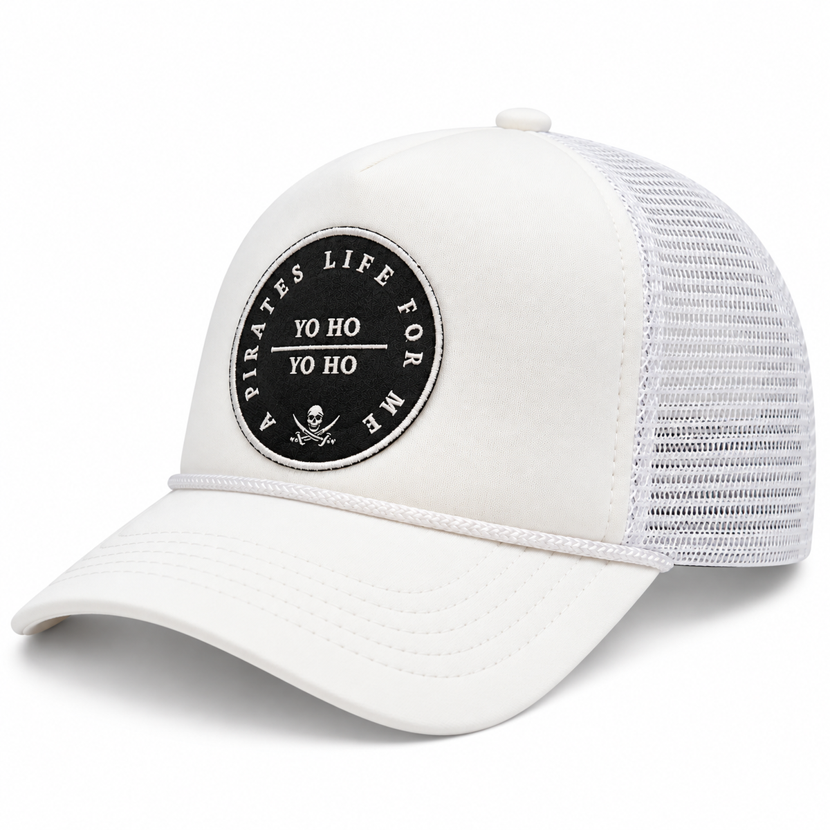 White trucker hat with embroidered pirate skull and crossbones patch, side view