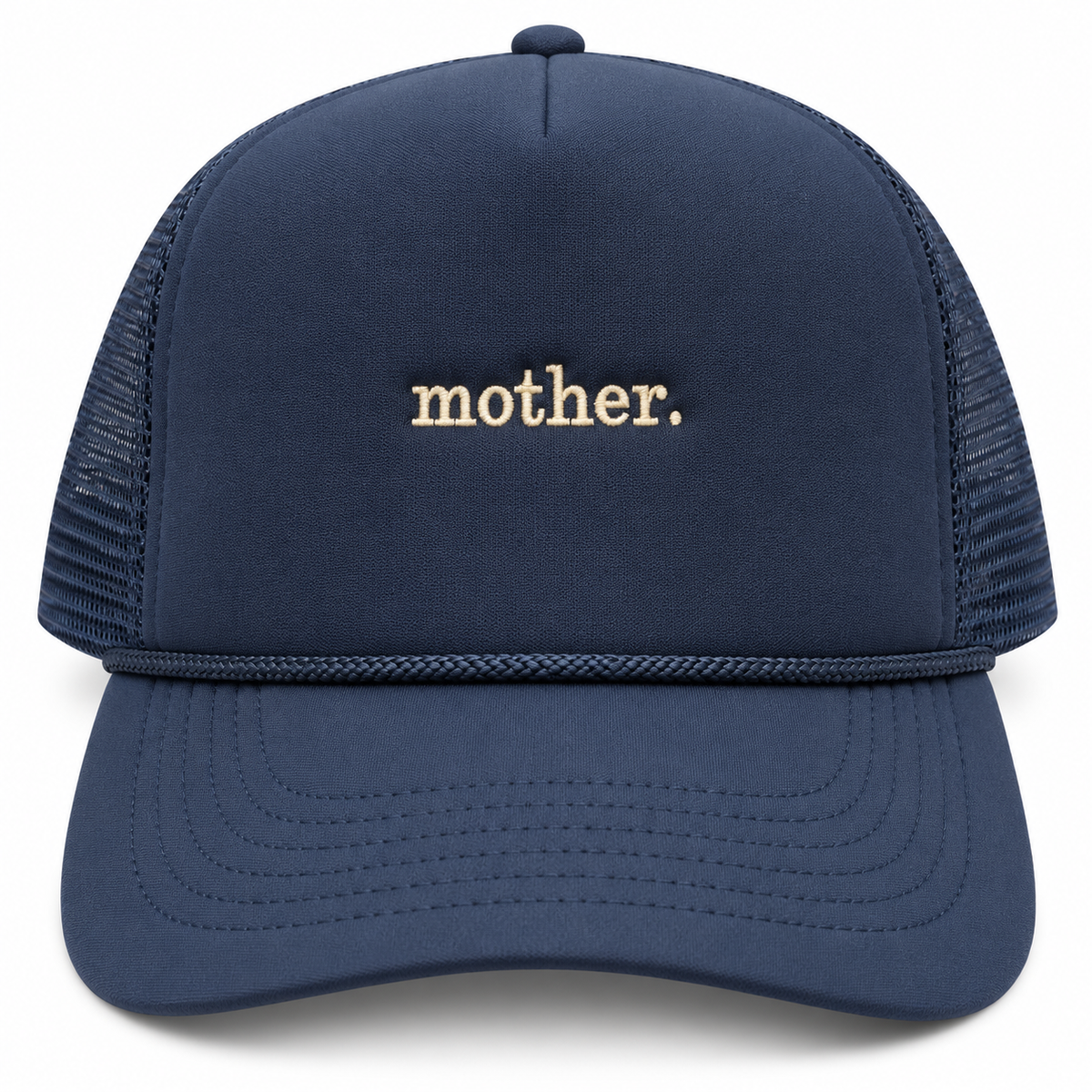 Navy trucker hat with embroidered mother lettering in cream thread, front view