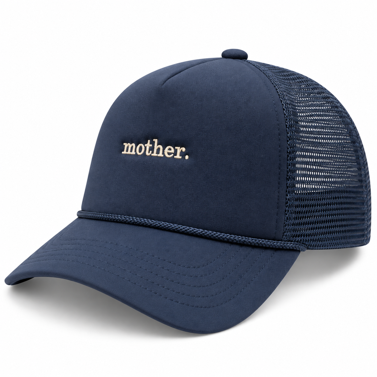 Navy trucker hat with embroidered mother lettering in cream thread, side view