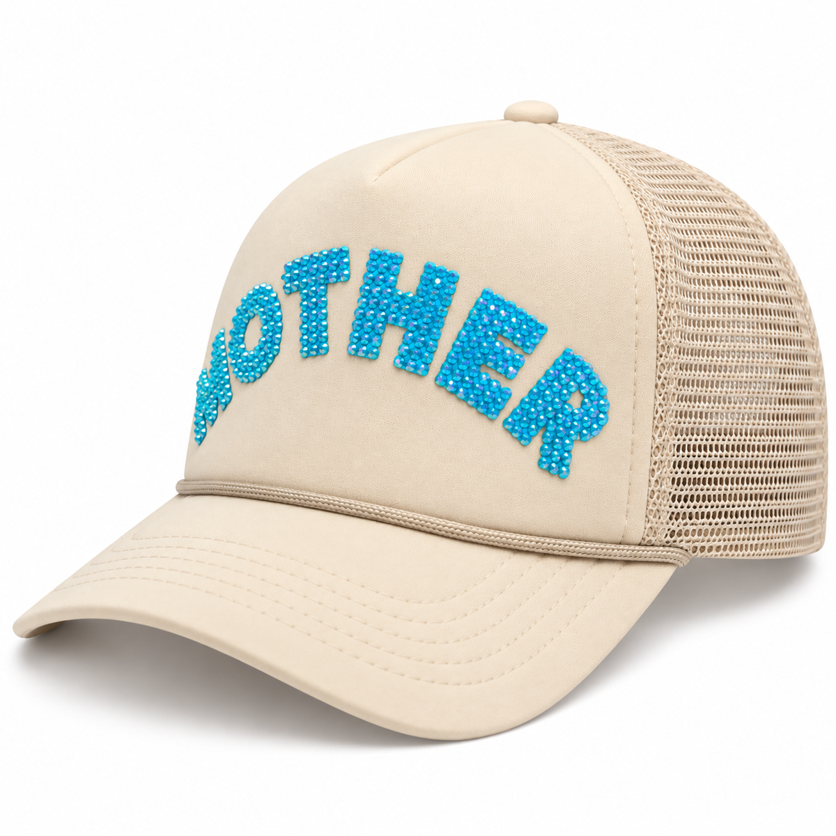 Woman wearing cream rhinestone MOTHER trucker hat with two children