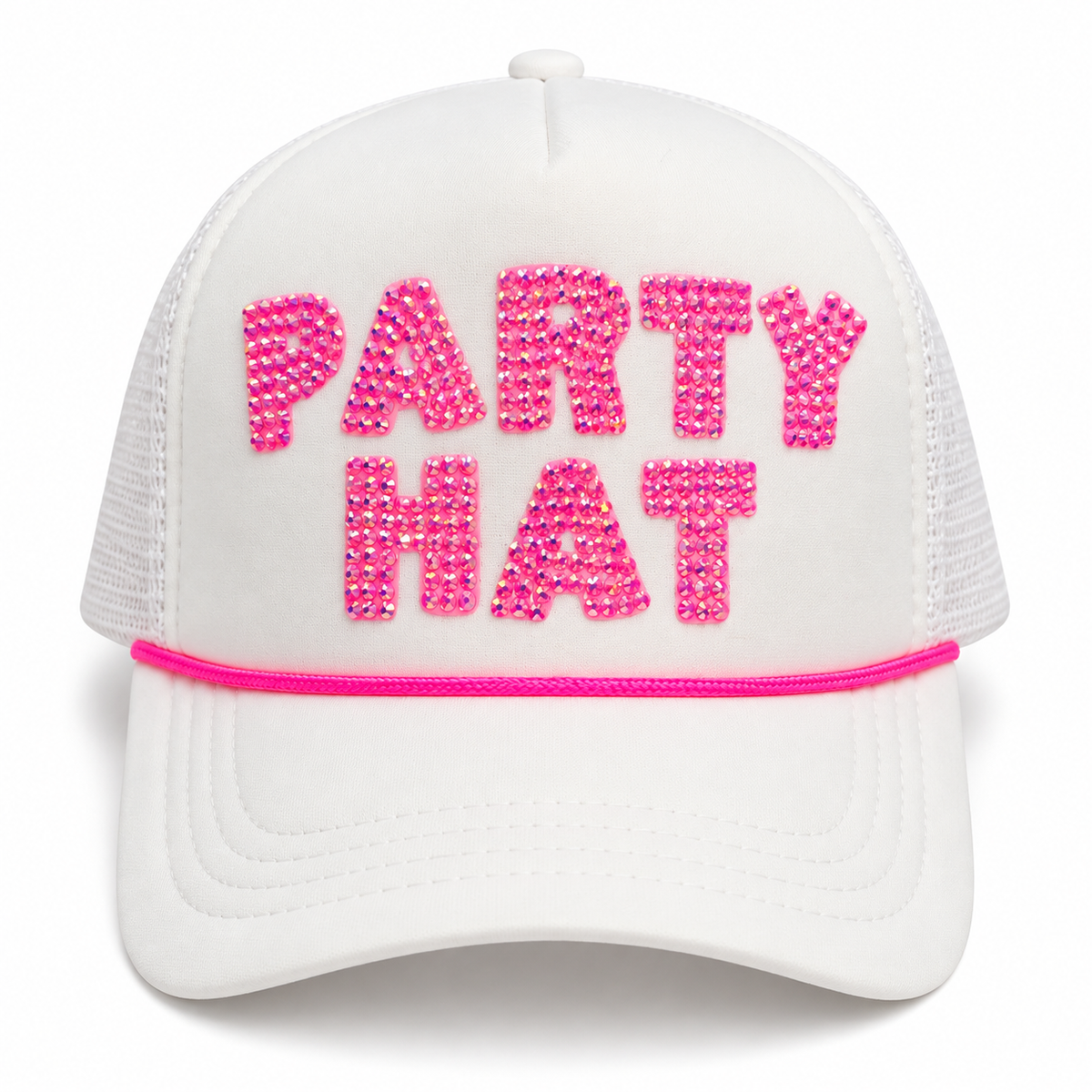 White trucker hat with hot pink rhinestone PARTY HAT lettering, front view