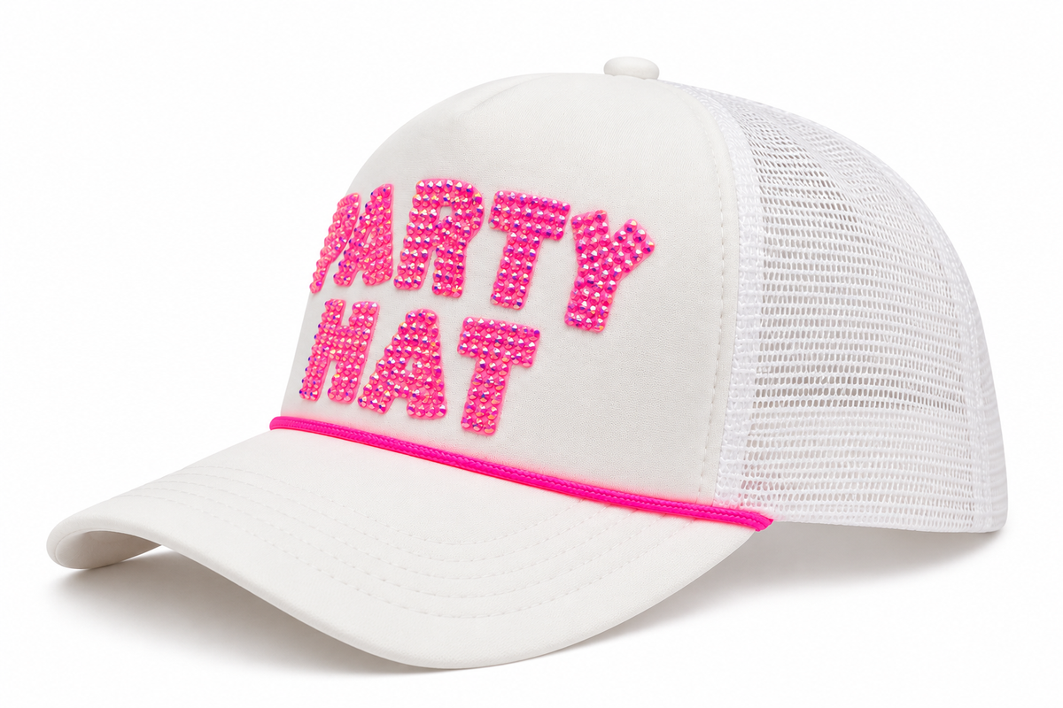White trucker hat with hot pink rhinestone PARTY HAT lettering and hot pink rope trim