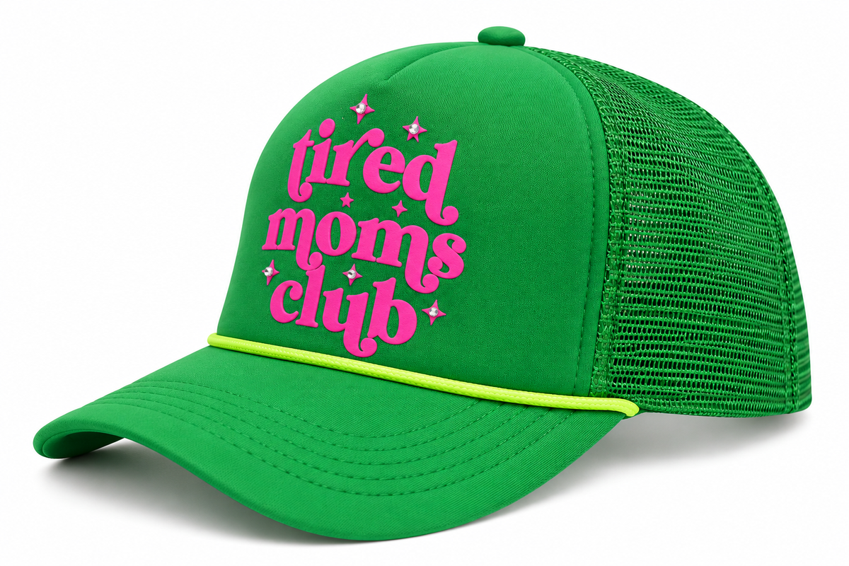 Green trucker hat with hot pink Tired Moms Club lettering, side view