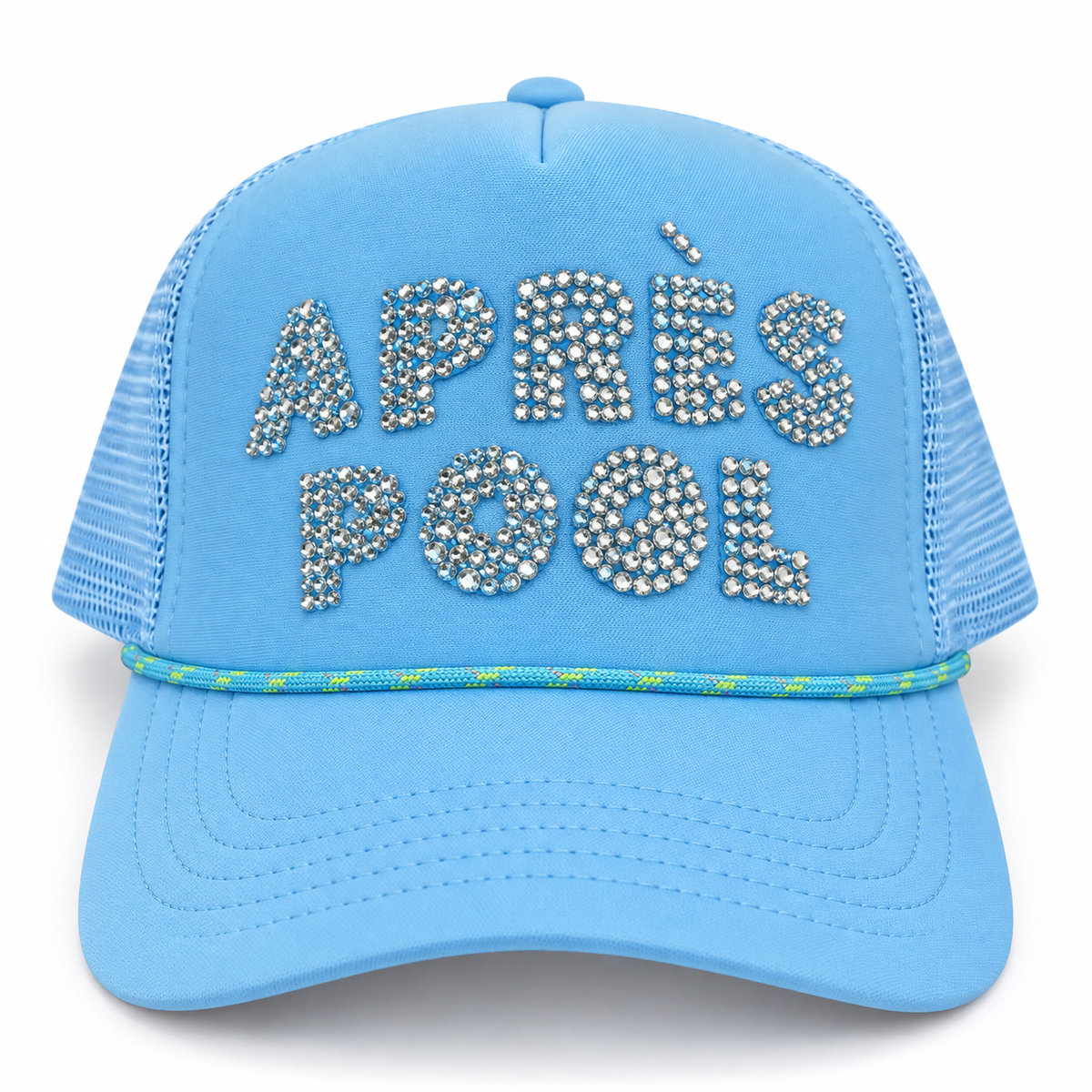 Sky blue trucker hat with crystal rhinestone Apres Pool lettering and blue rope trim