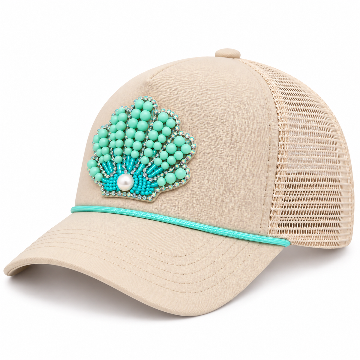 Cream trucker hat with hand-beaded turquoise seashell patch, side view