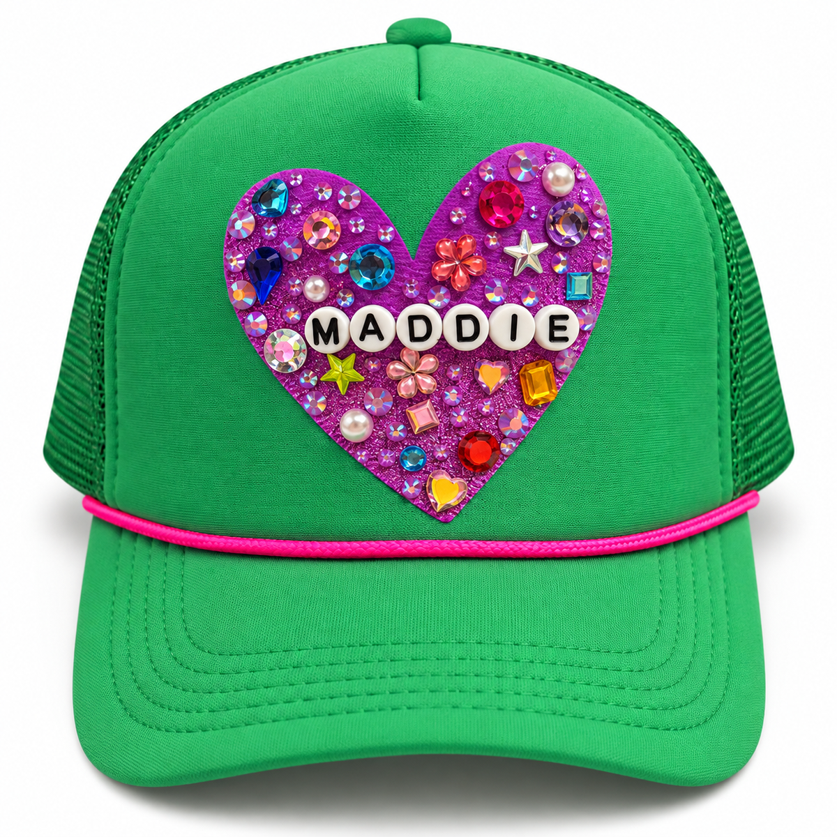 Green trucker hat with a jeweled heart patch and Maddie spelled out in letter beads