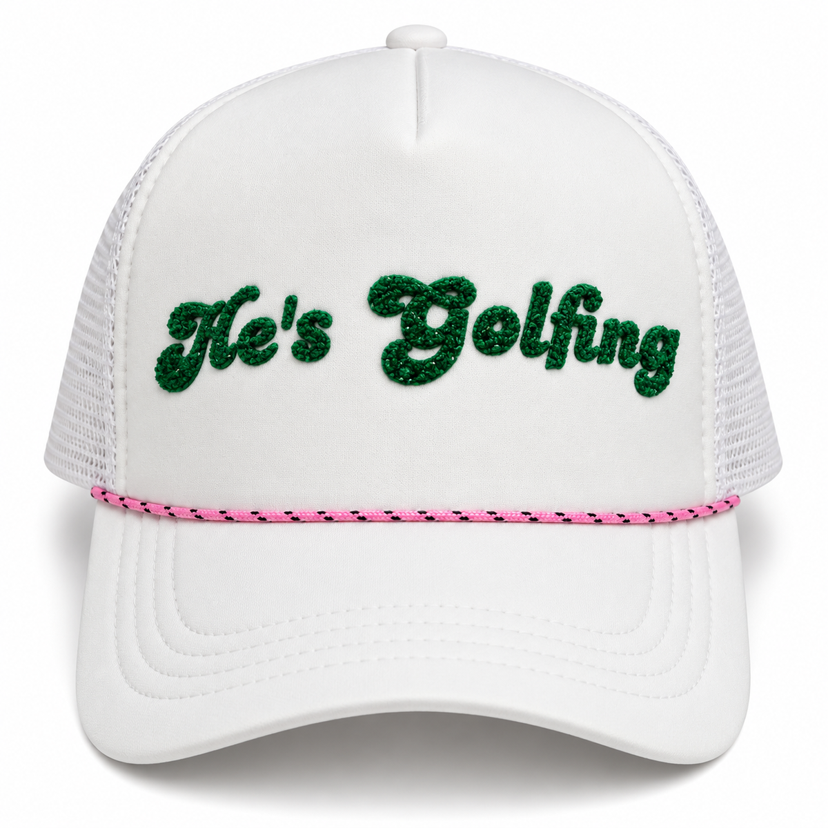 White trucker hat with bedazzled green script He's Golfing design, close view