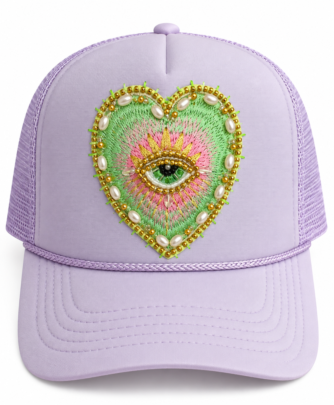 Lavender trucker hat with a hand-stitched beaded evil eye heart patch and pearl trim