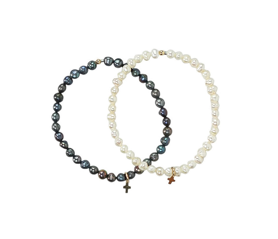 Sacred Shore Bracelet – Freshwater Pearls with Gold-Filled Cross Charm